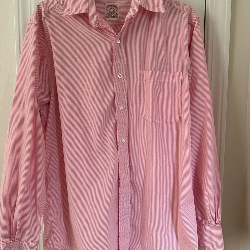 Pink striped men button up shirt (L 15-3)
